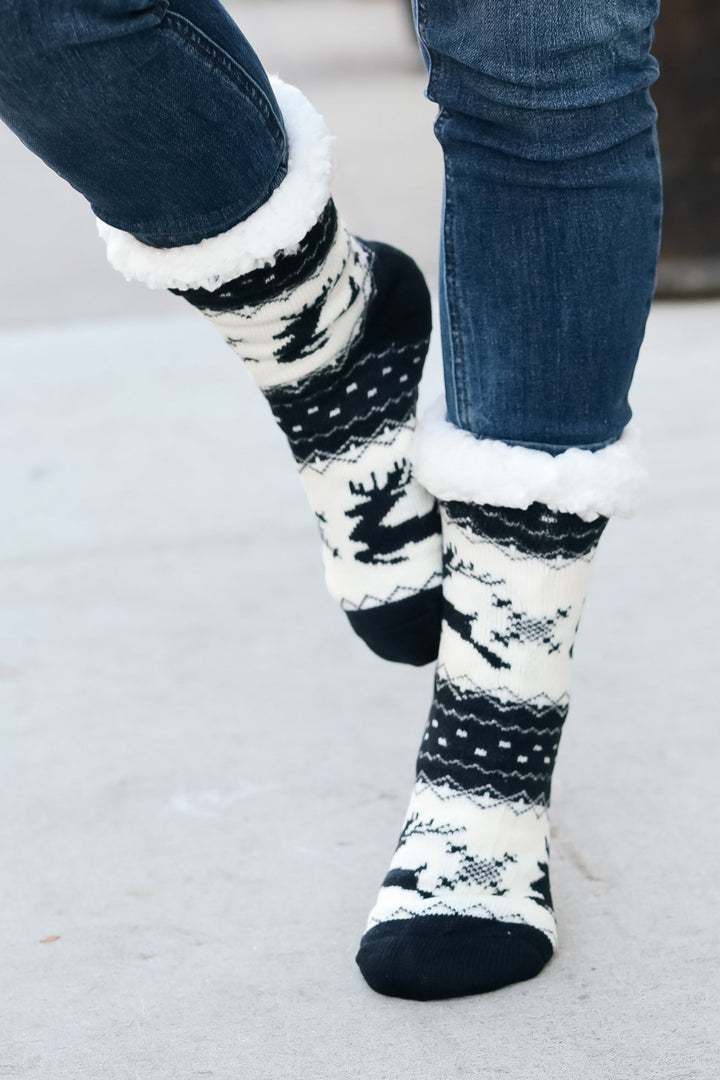 Black Reindeer Sherpa Traction Bottom Slipper Socks