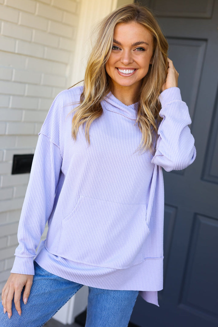 Weekend Ready Lavender Mineral Wash Rib Knit Hoodie