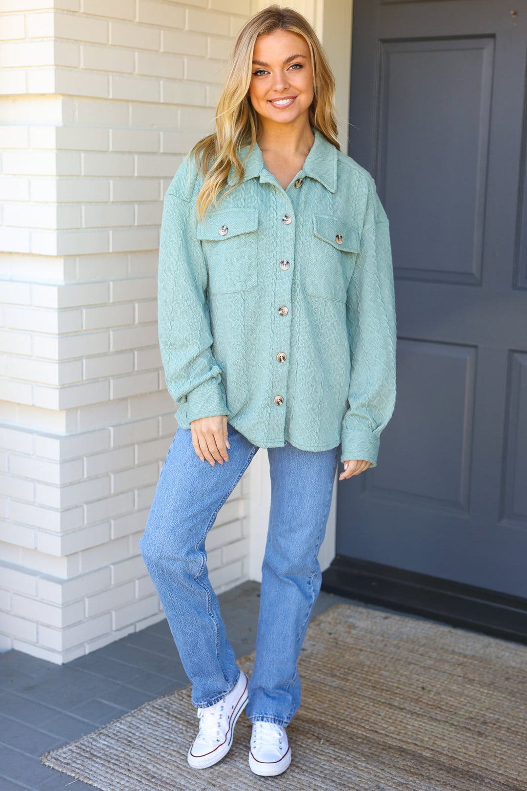 Casual Savvy Sage Cable Knit Button Down Shacket