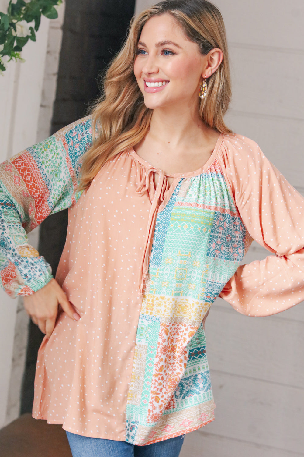 Peach & Mint Floral Color Block Raglan Peasant Top