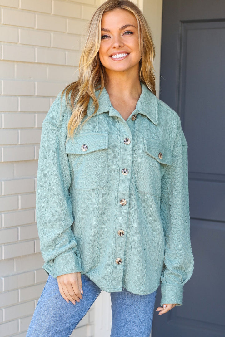 Casual Savvy Sage Cable Knit Button Down Shacket