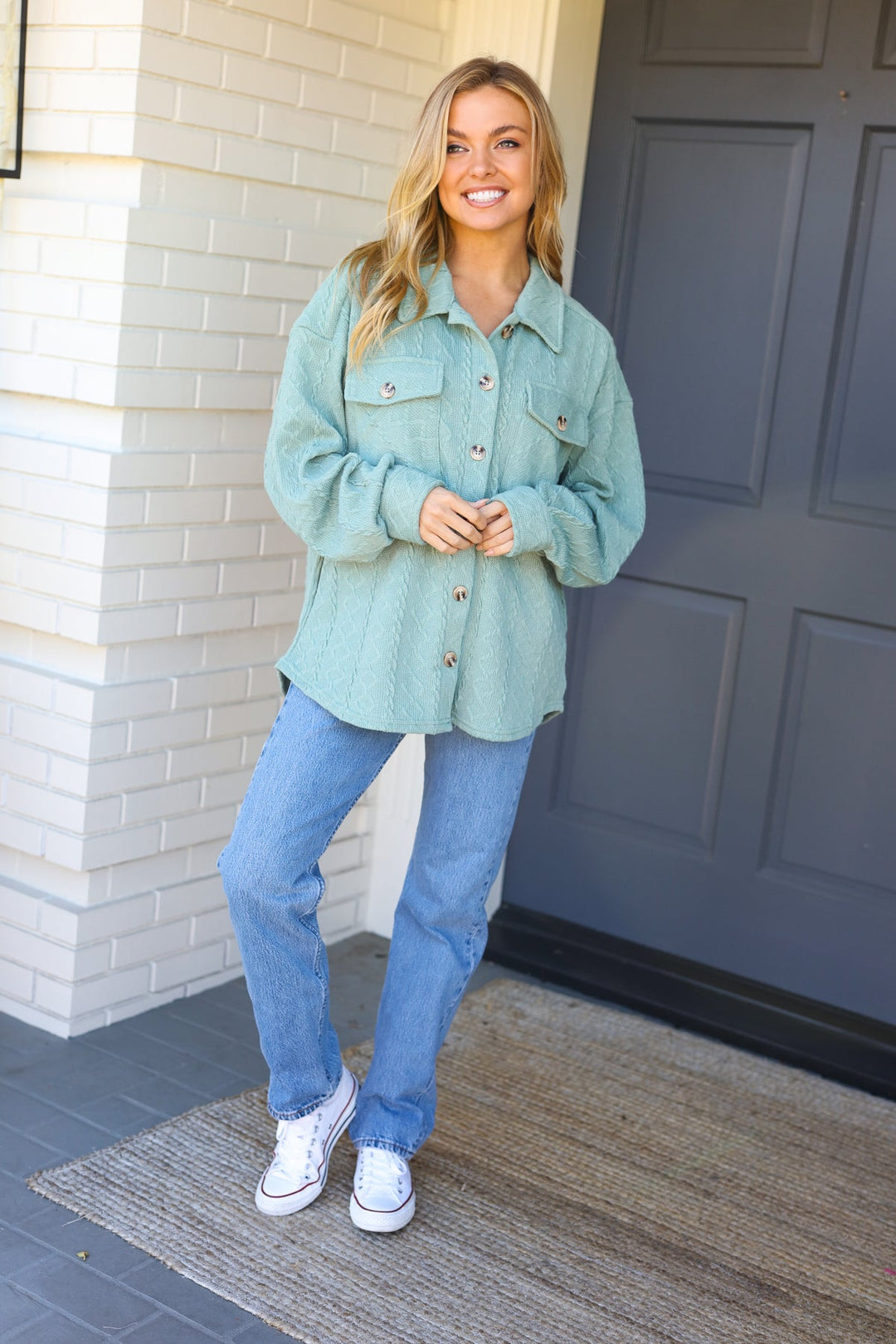 Casual Savvy Sage Cable Knit Button Down Shacket