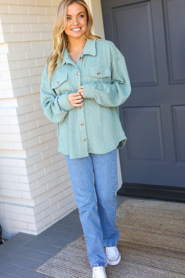 Casual Savvy Sage Cable Knit Button Down Shacket