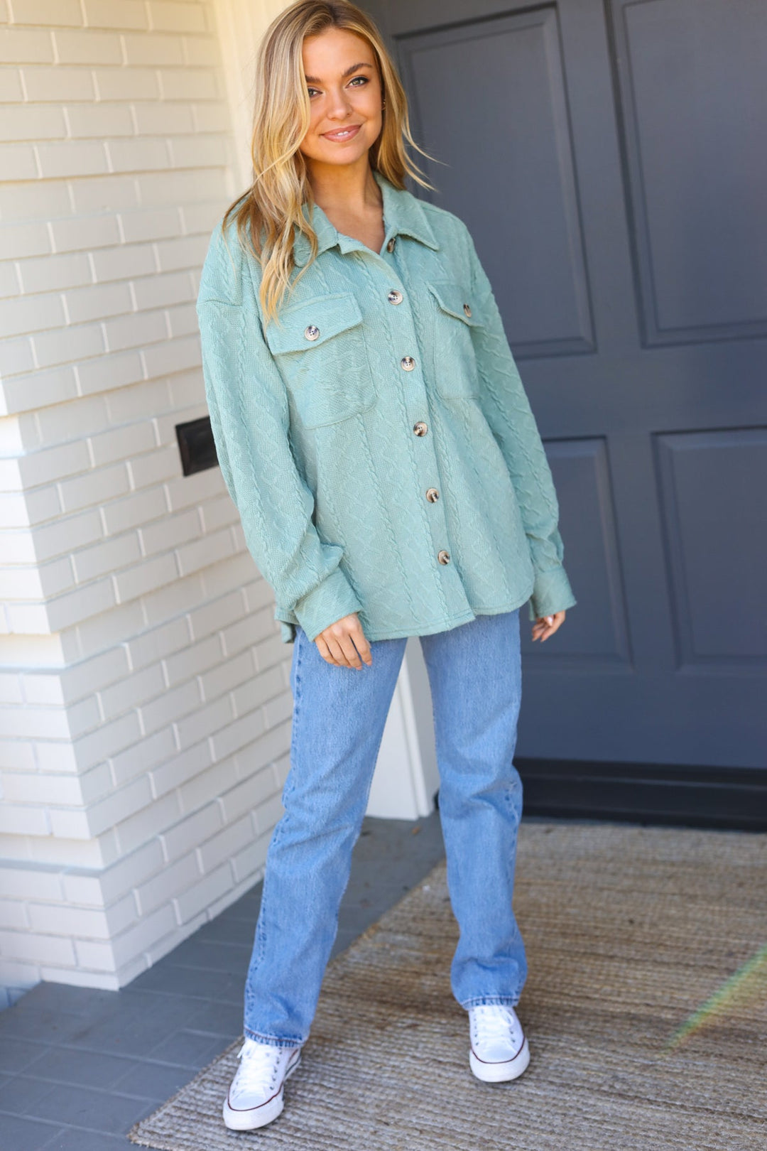 Casual Savvy Sage Cable Knit Button Down Shacket