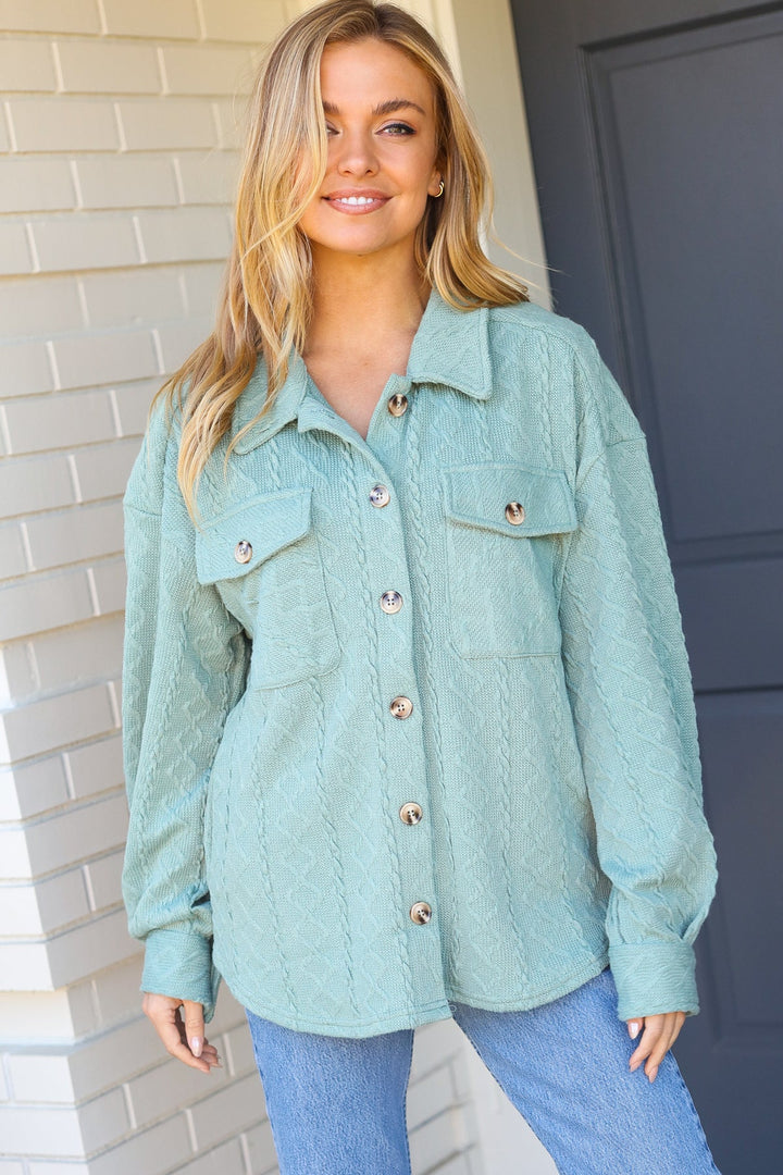 Casual Savvy Sage Cable Knit Button Down Shacket