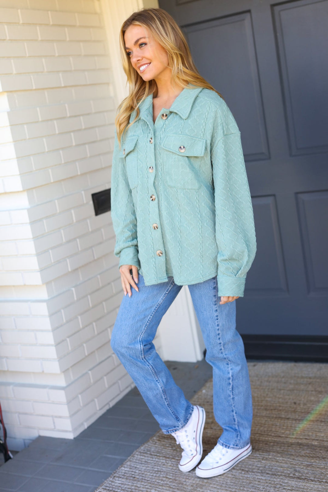 Casual Savvy Sage Cable Knit Button Down Shacket