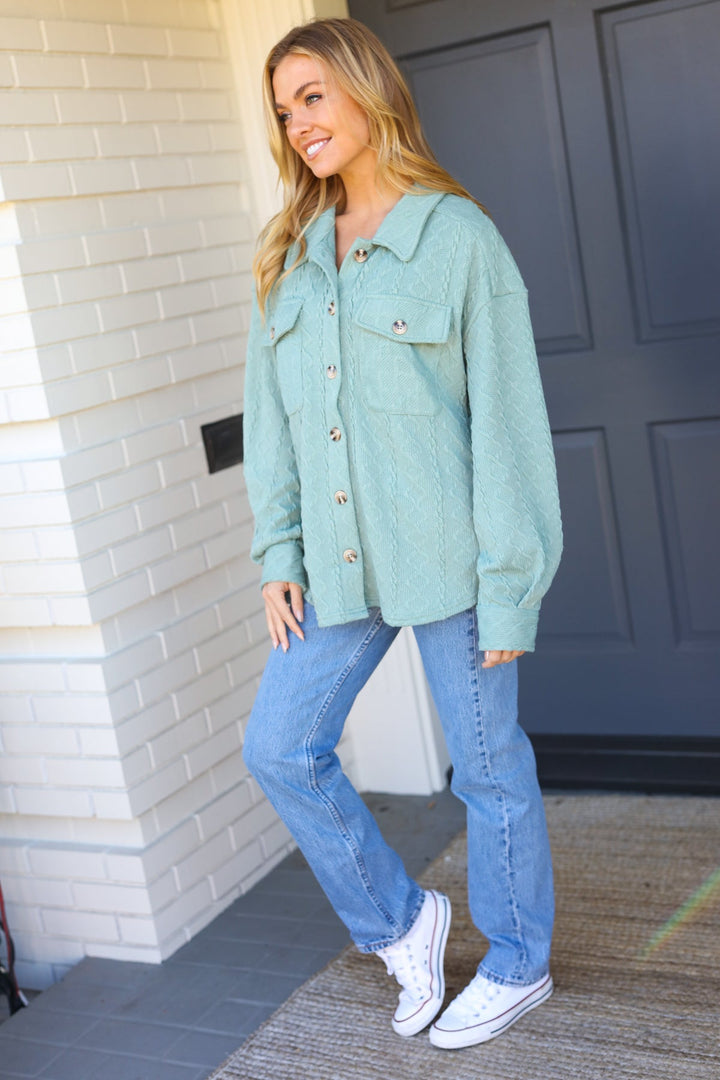 Casual Savvy Sage Cable Knit Button Down Shacket