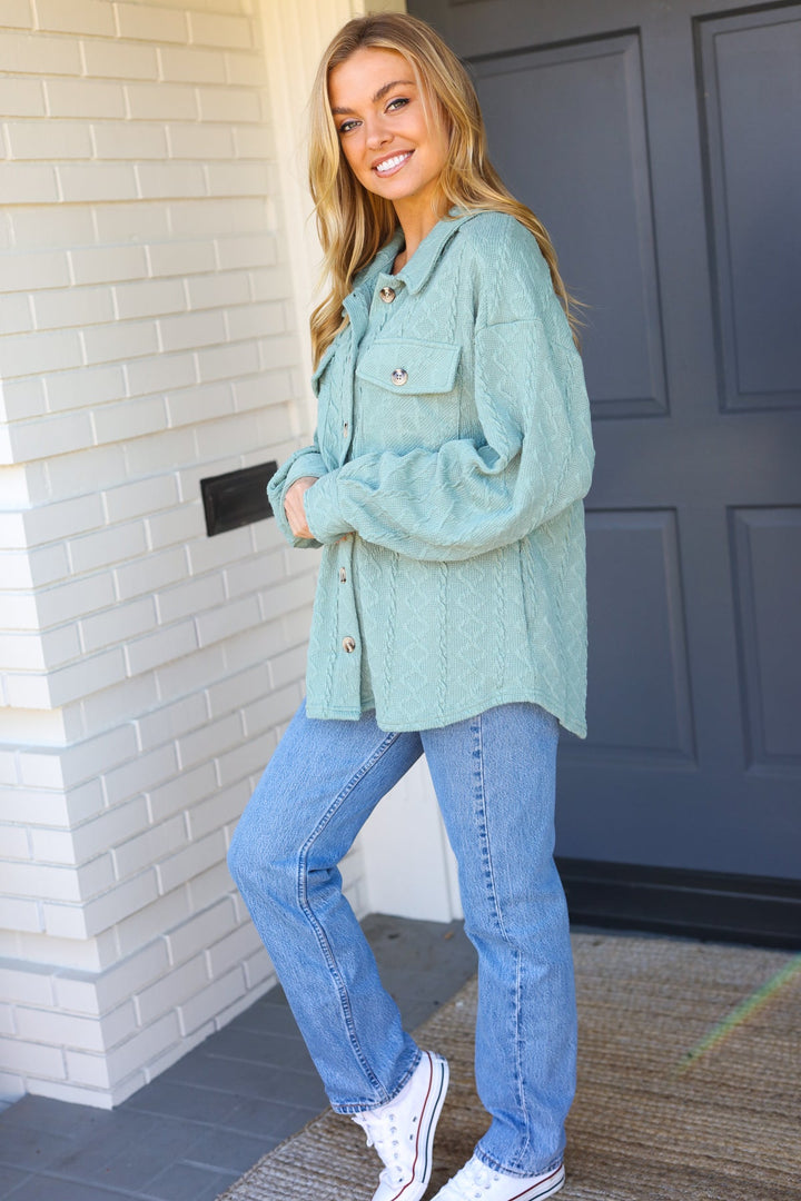 Casual Savvy Sage Cable Knit Button Down Shacket