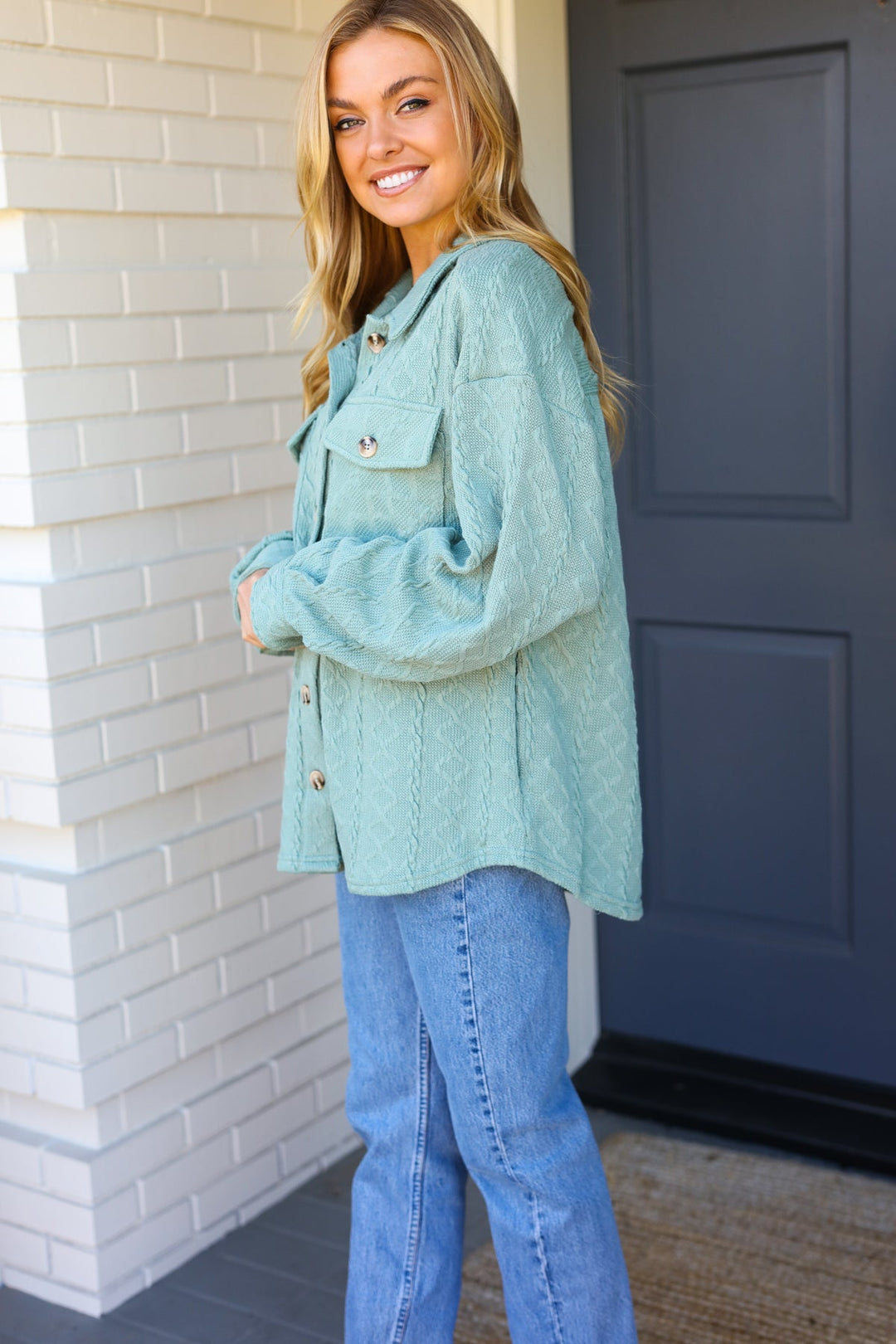 Casual Savvy Sage Cable Knit Button Down Shacket