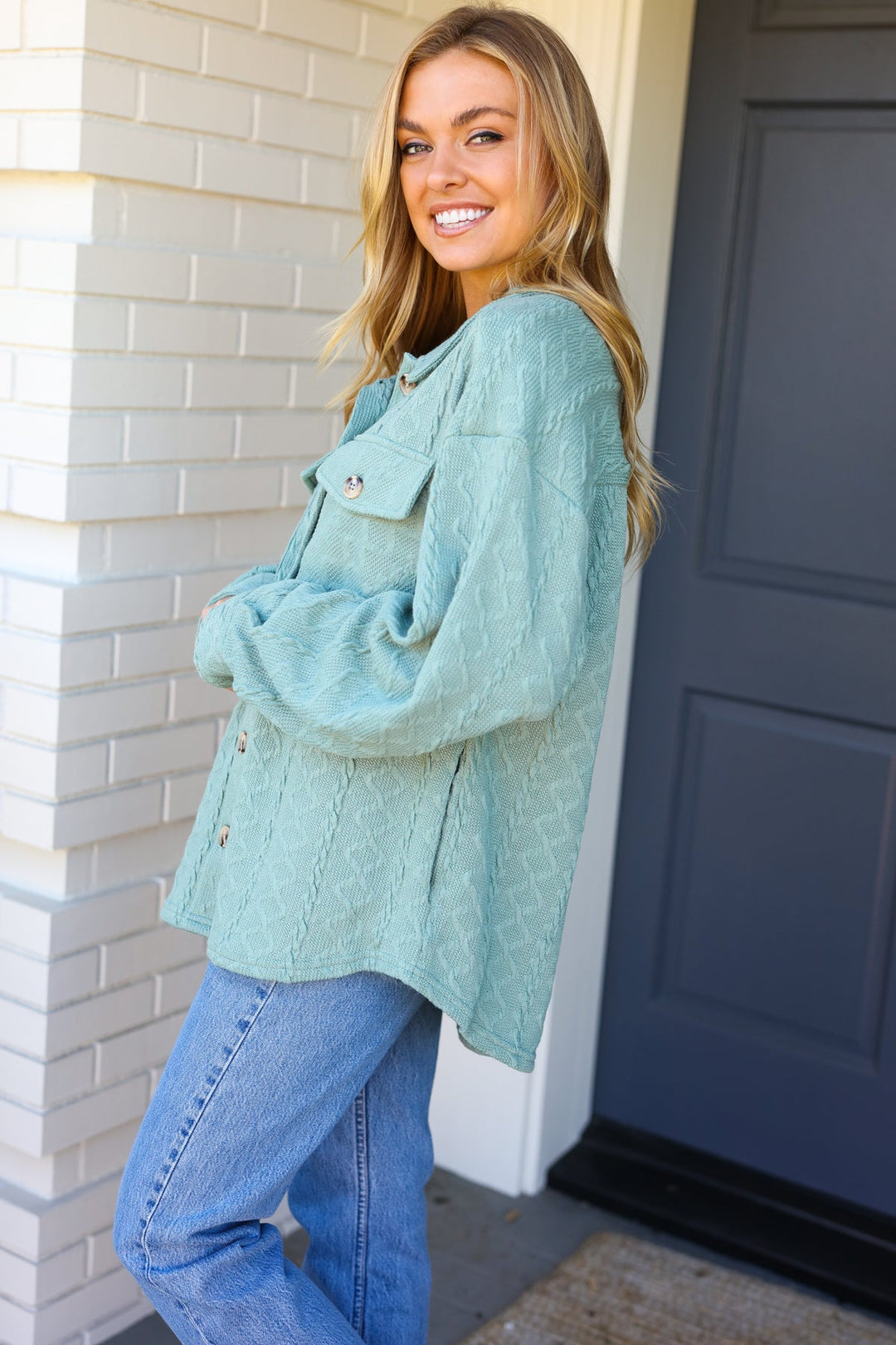 Casual Savvy Sage Cable Knit Button Down Shacket