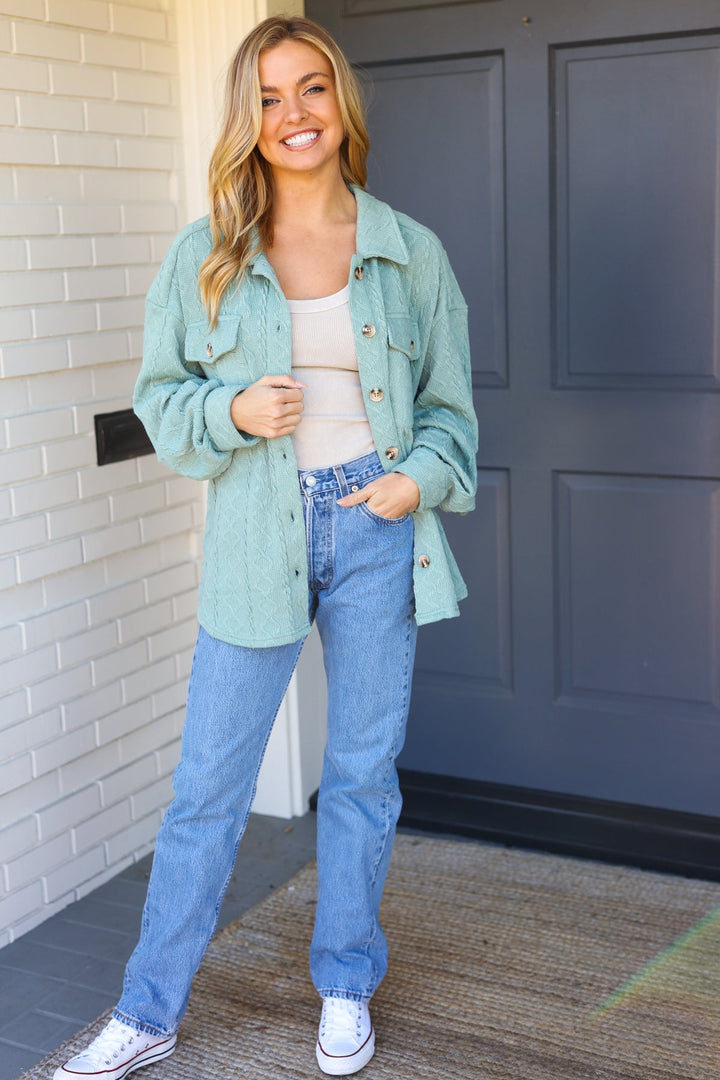 Casual Savvy Sage Cable Knit Button Down Shacket