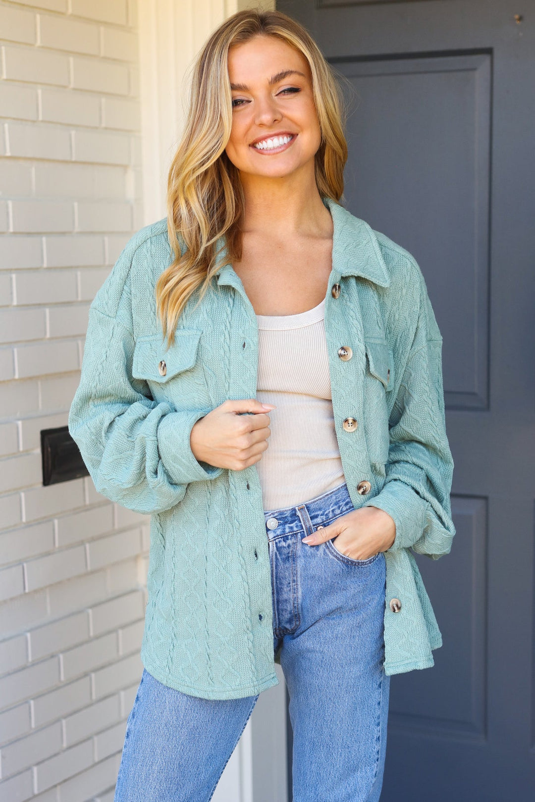 Casual Savvy Sage Cable Knit Button Down Shacket