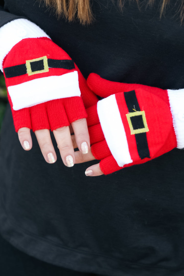 Santa Suit Fingerless Gloves with Convertible Mittens