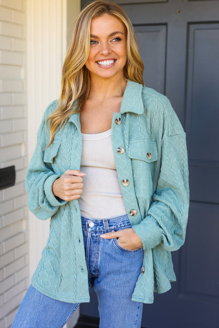 Casual Savvy Sage Cable Knit Button Down Shacket