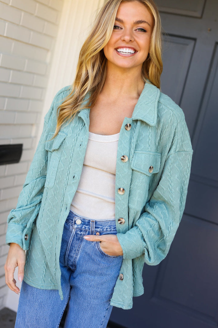 Casual Savvy Sage Cable Knit Button Down Shacket