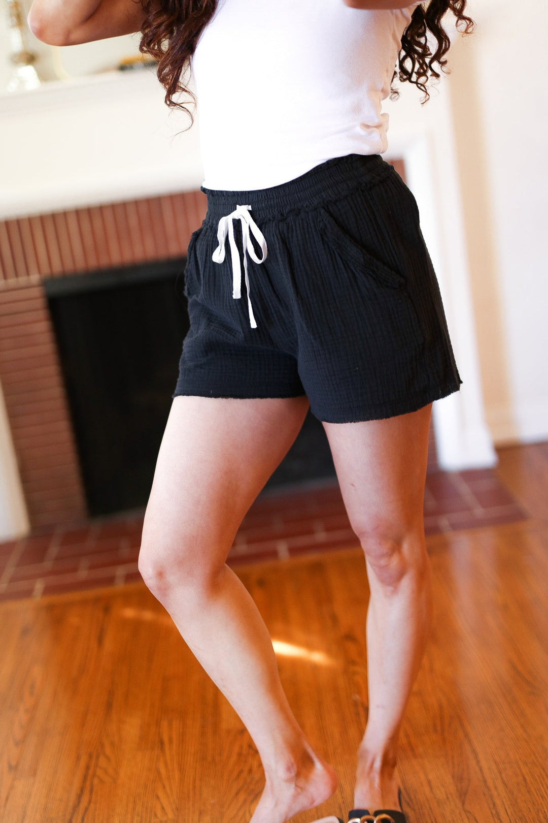 Black Double Gauze Drawstring Cotton Shorts