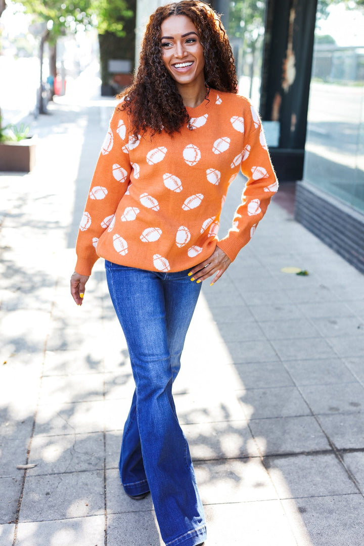 Game Day Orange Football Print Jacquard Knit Sweater