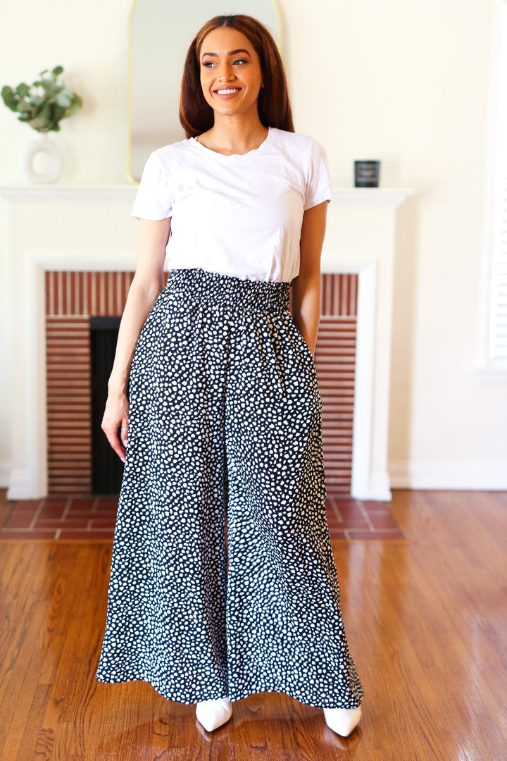 Let's Meet Up Black Animal Print Smocked Waist Palazzo Pants