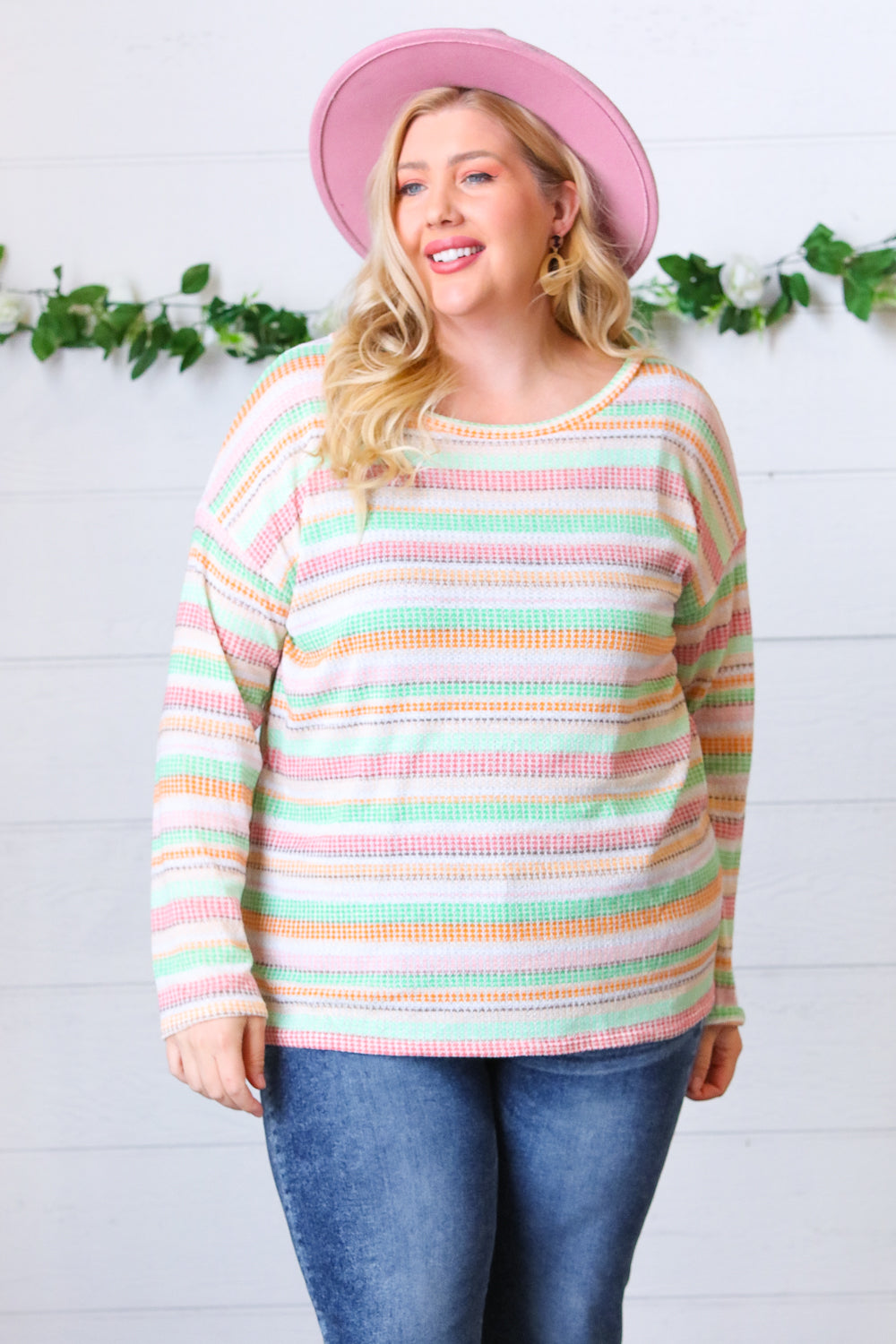 Green Apple & Tangerine Textured Vintage Stripe Top