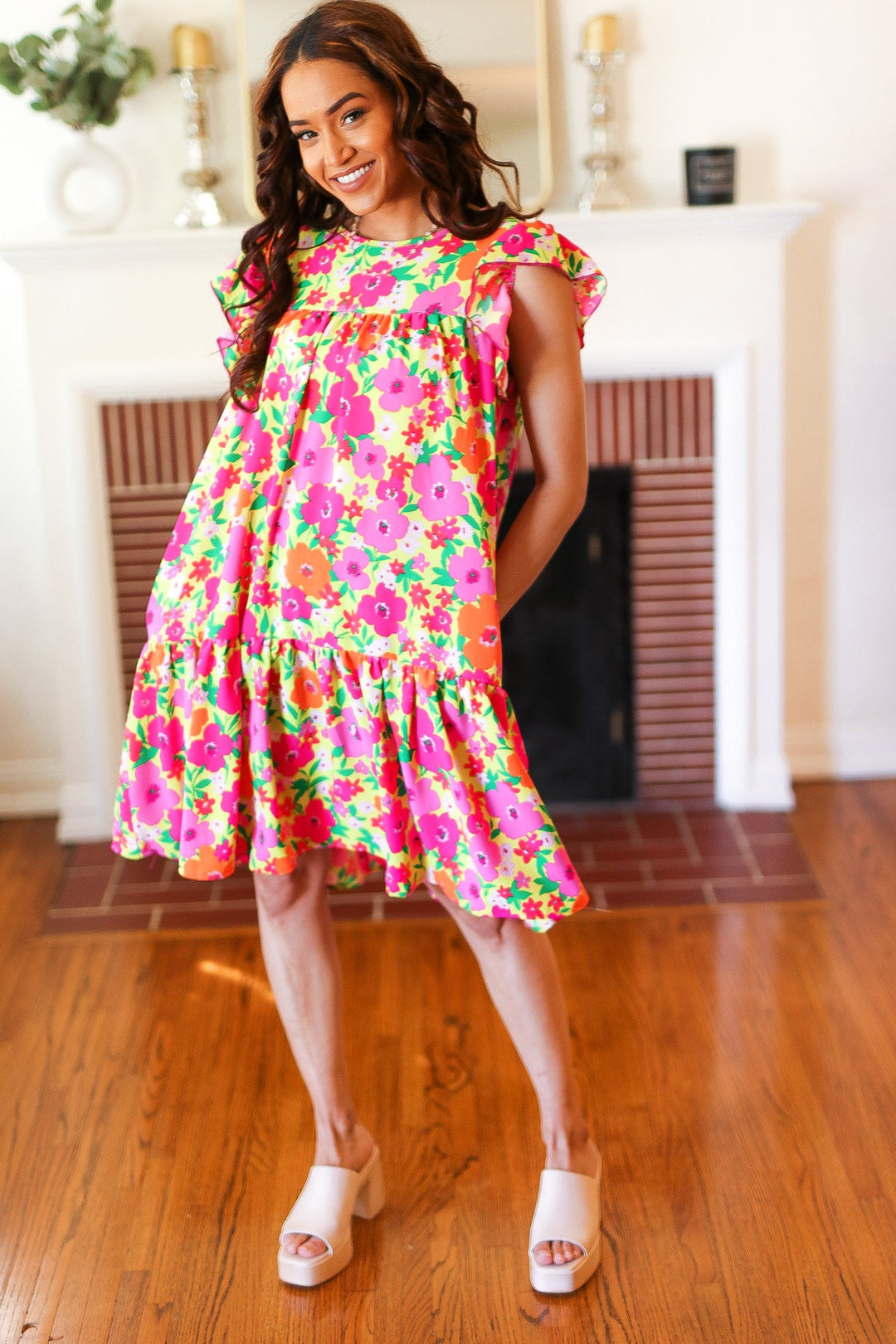 Be Charming Lime & Pink Floral Print Tiered Ruffle Sleeve Dress