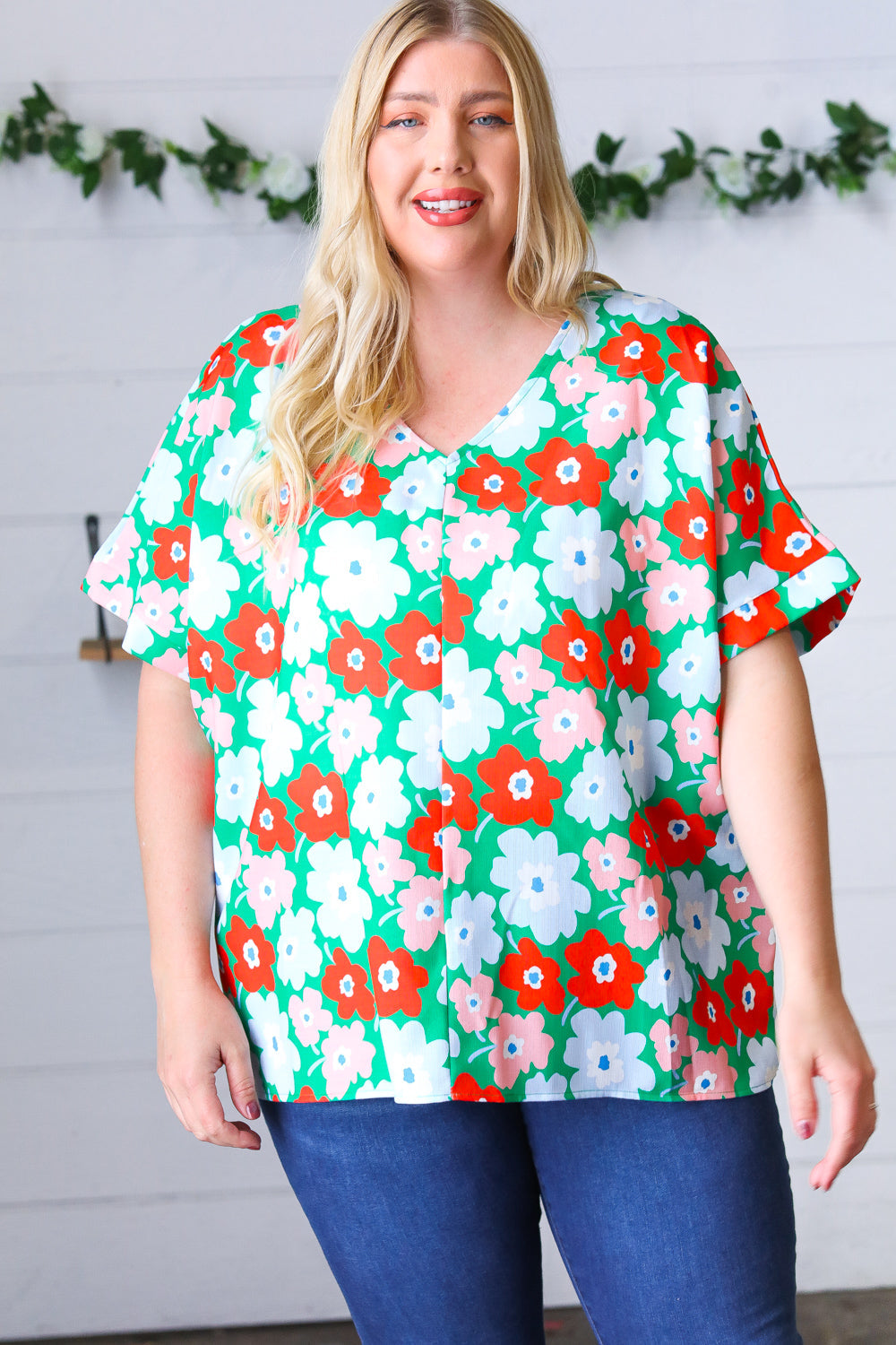 Multicolor Flat Floral V Neck Drop Shoulder Top