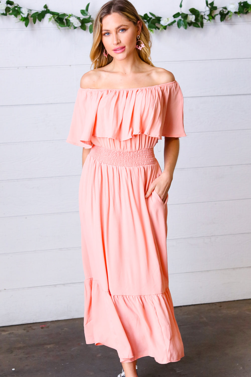 Coral off Shoulder Smocked Waist Ruffle Sleeve Midi Dress