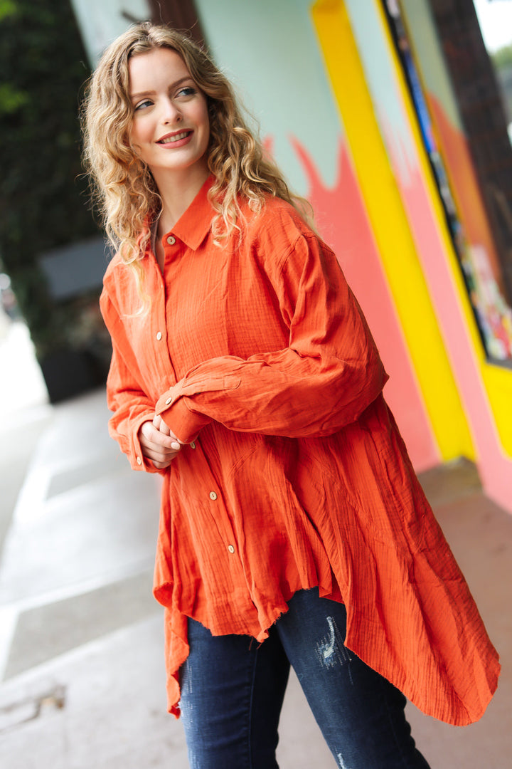 Feeling Bold Rust Button Down Sharkbite Cotton Tunic Top