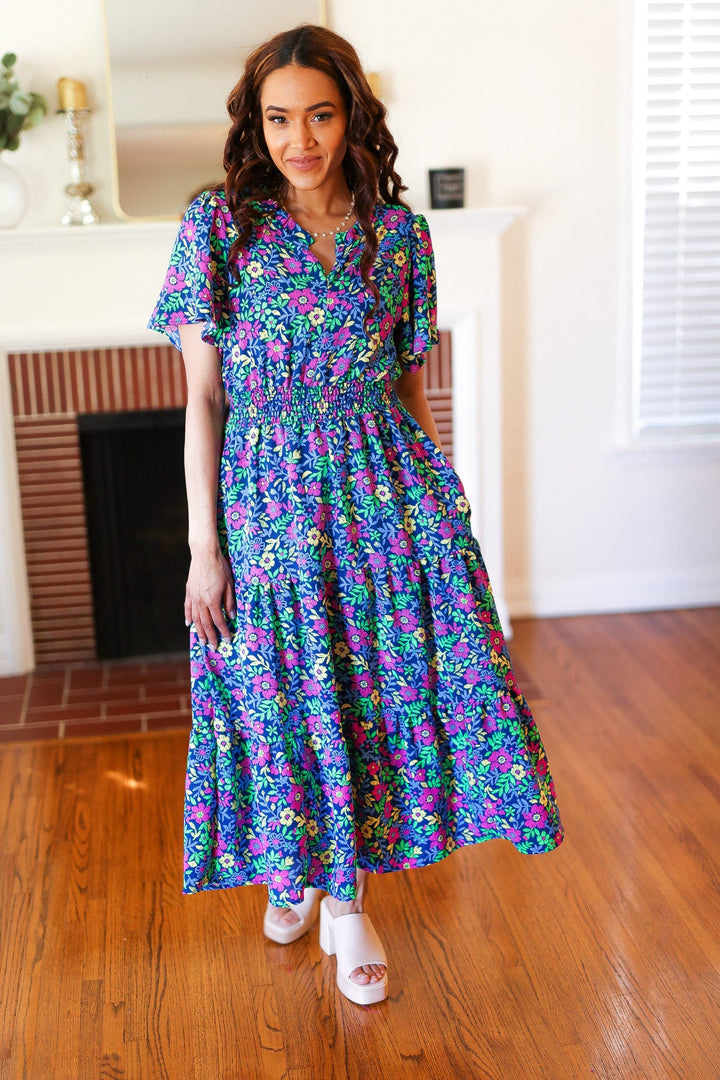 Eyes On You Navy Neon Floral Smocked Waist Maxi Dress