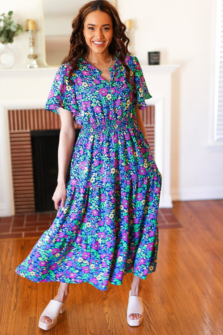 Eyes On You Navy Neon Floral Smocked Waist Maxi Dress