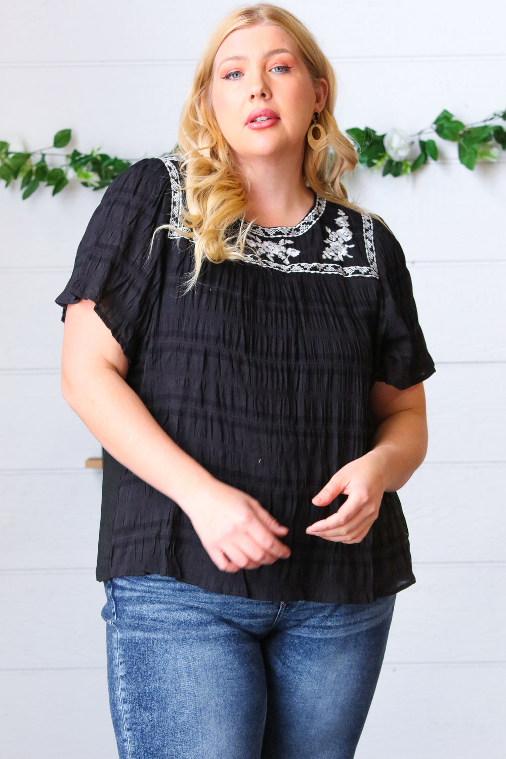 Black Embroidered Smocked Top