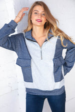 Cotton French Terry Zip Up Color Block Pullover