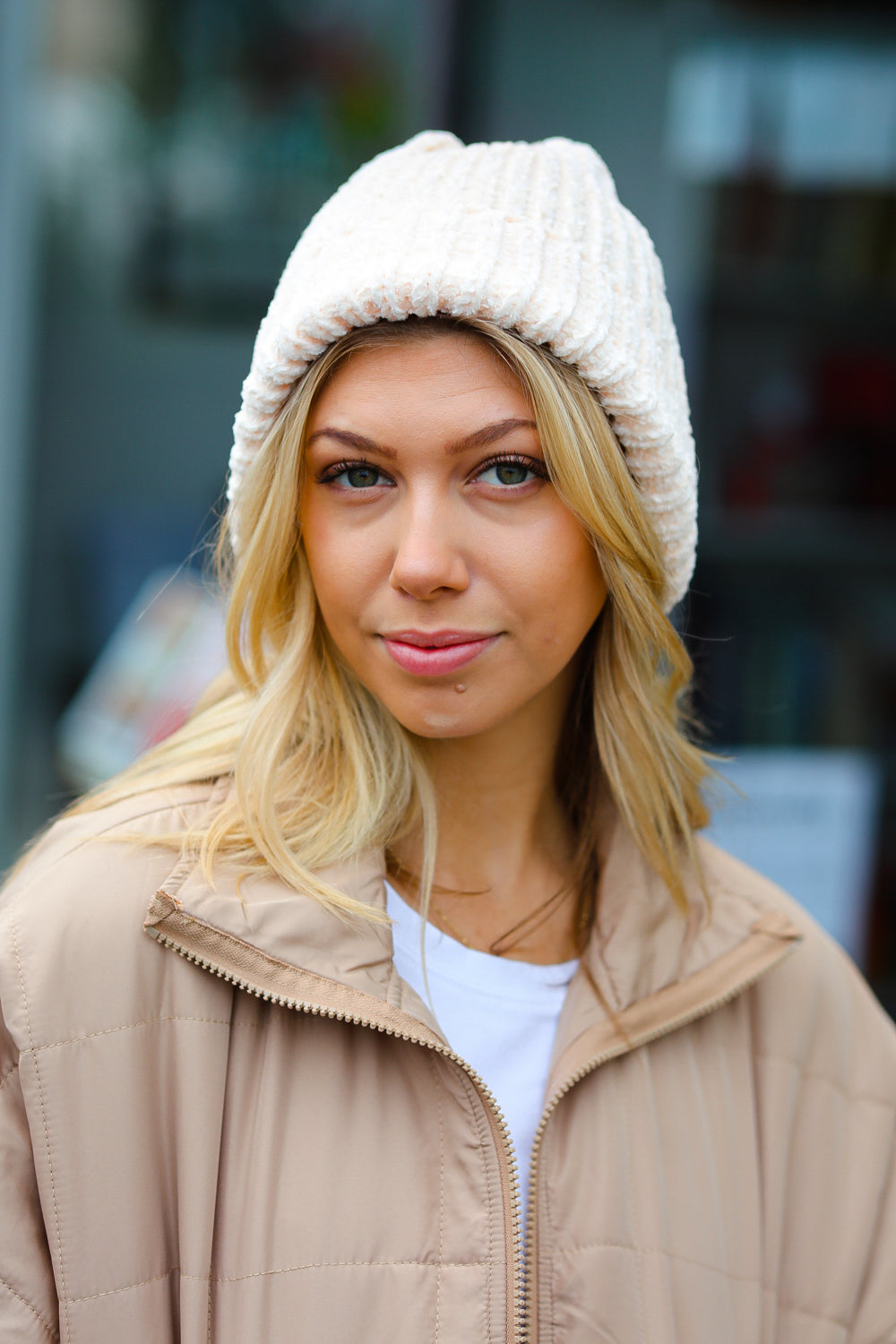 Cream Knit Velvet Chenille Fold Over Beanie