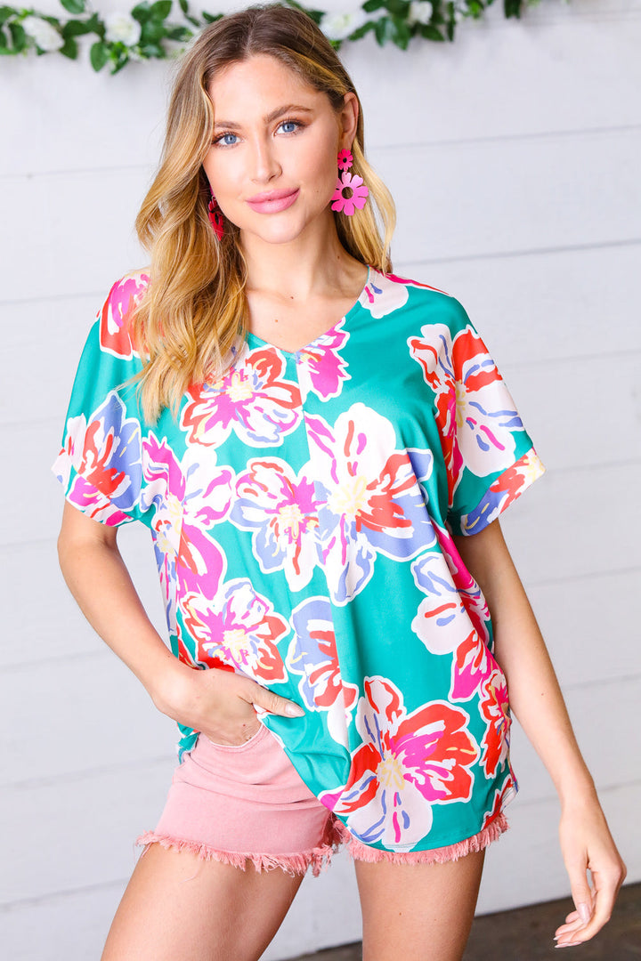 Ocean & Lavender Tropical Floral V Neck Top