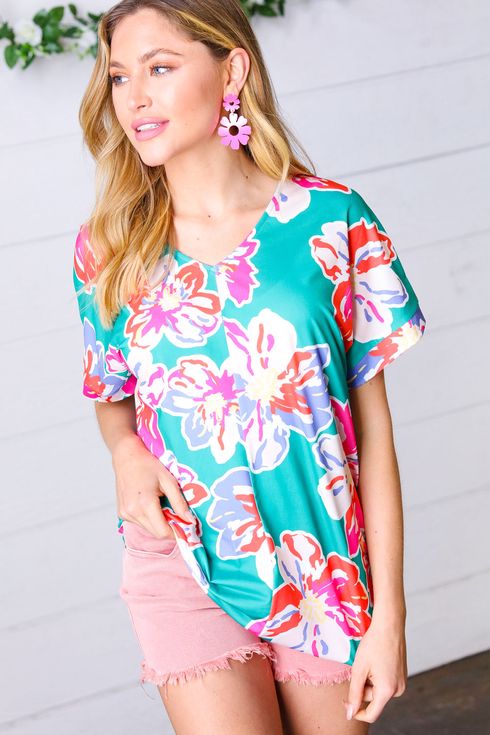 Ocean & Lavender Tropical Floral V Neck Top