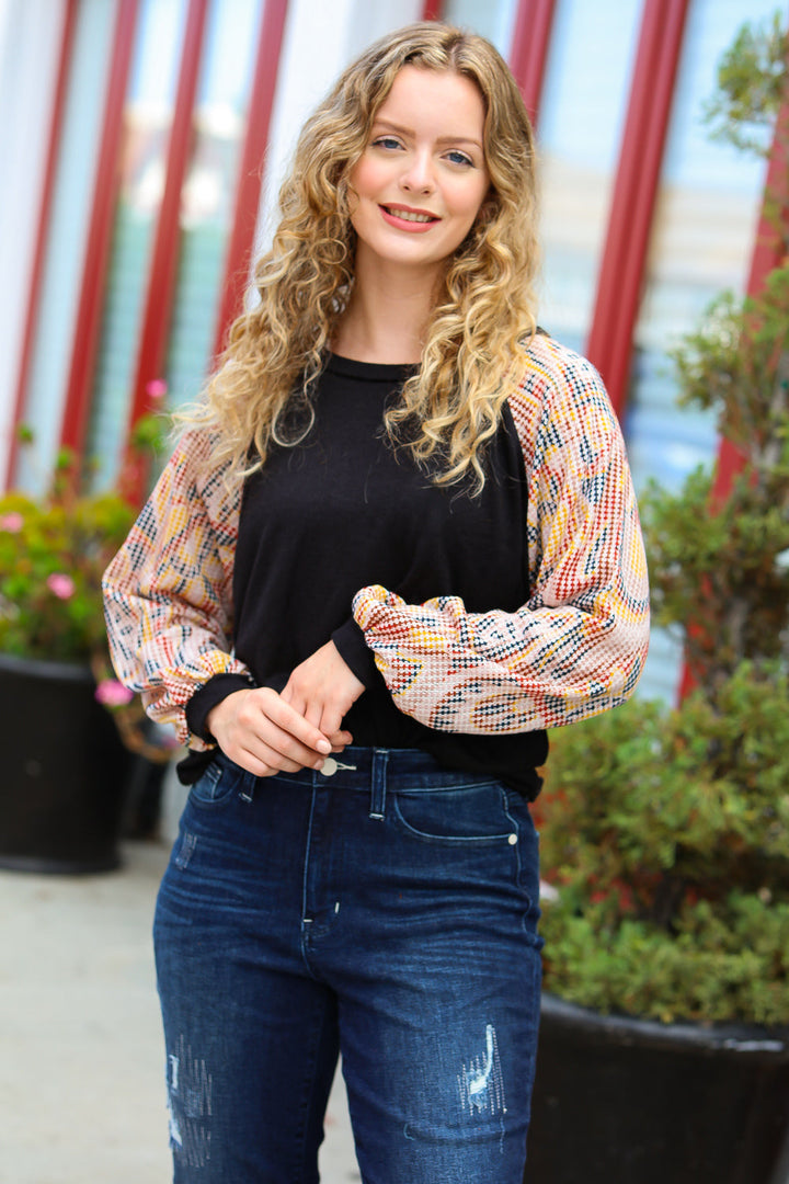 Black Abstract Print Textured Bubble Sleeve Top