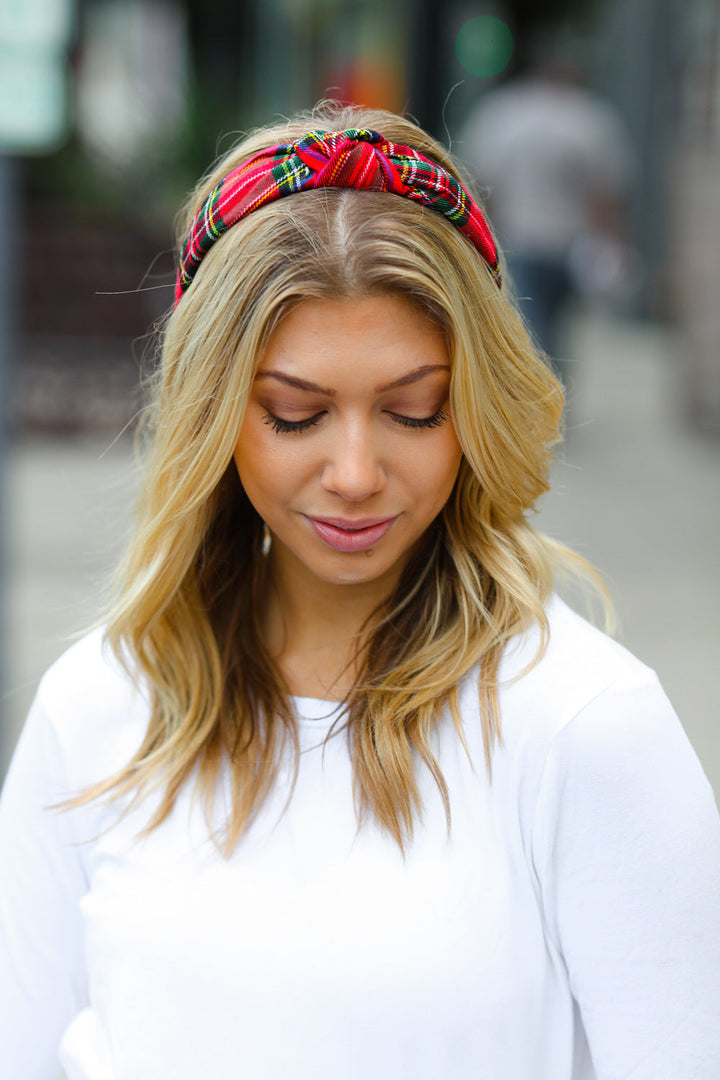 Red Christmas Plaid Top Knot Headband