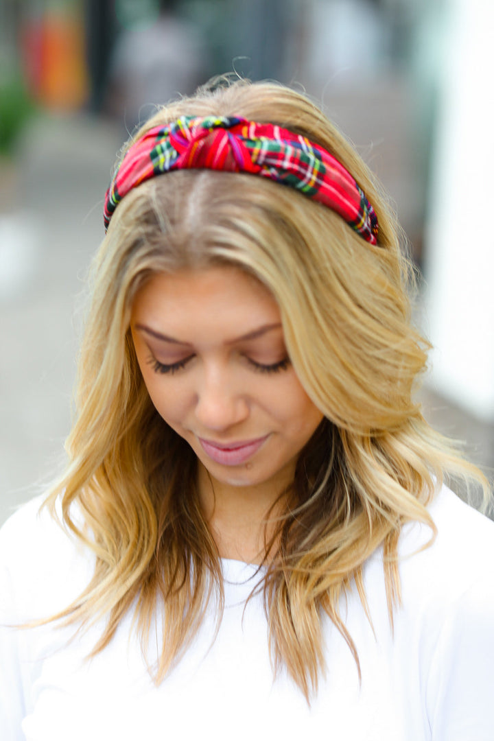 Red Christmas Plaid Top Knot Headband