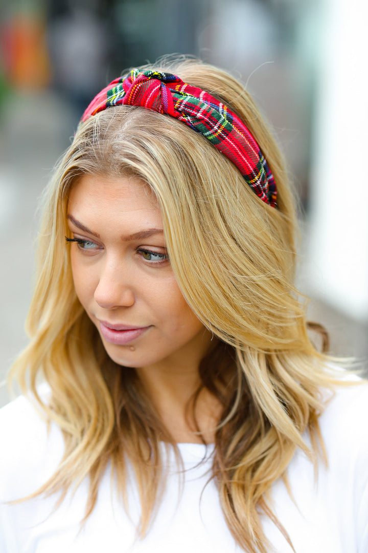 Red Christmas Plaid Top Knot Headband