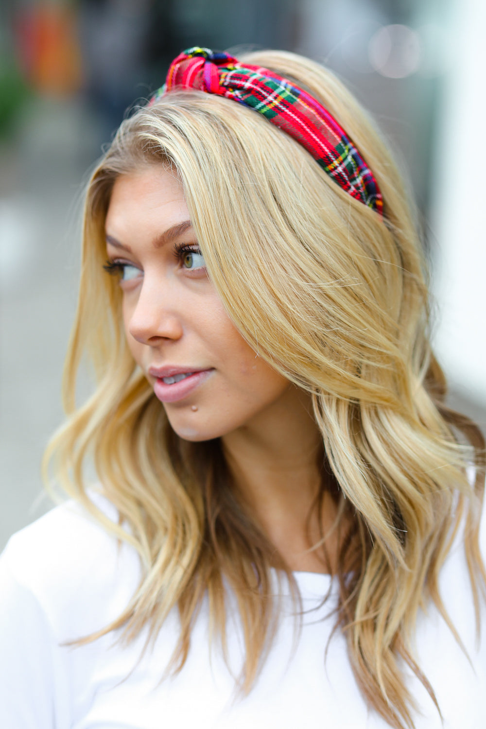 Red Christmas Plaid Top Knot Headband