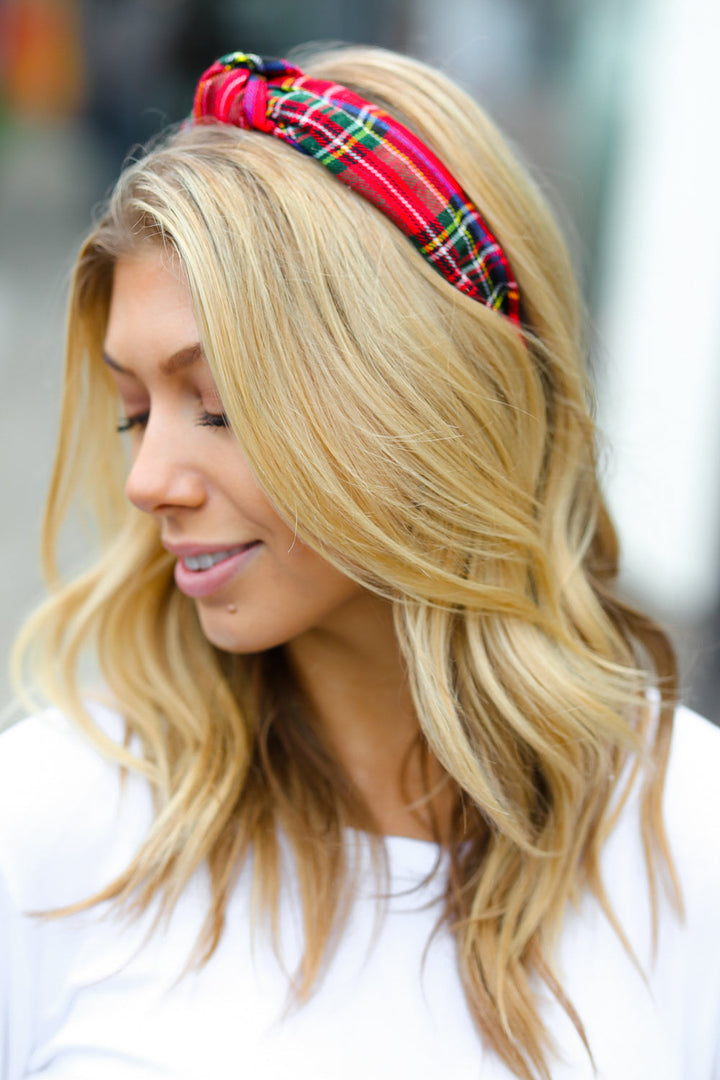 Red Christmas Plaid Top Knot Headband