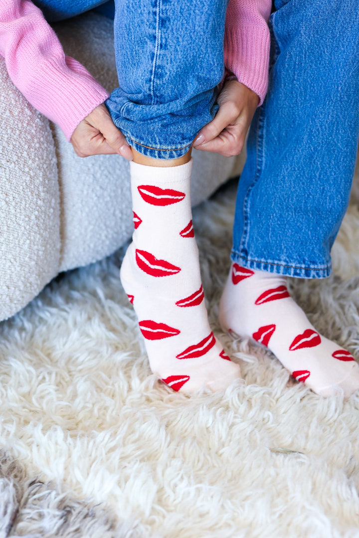 Red Lips Crew Socks