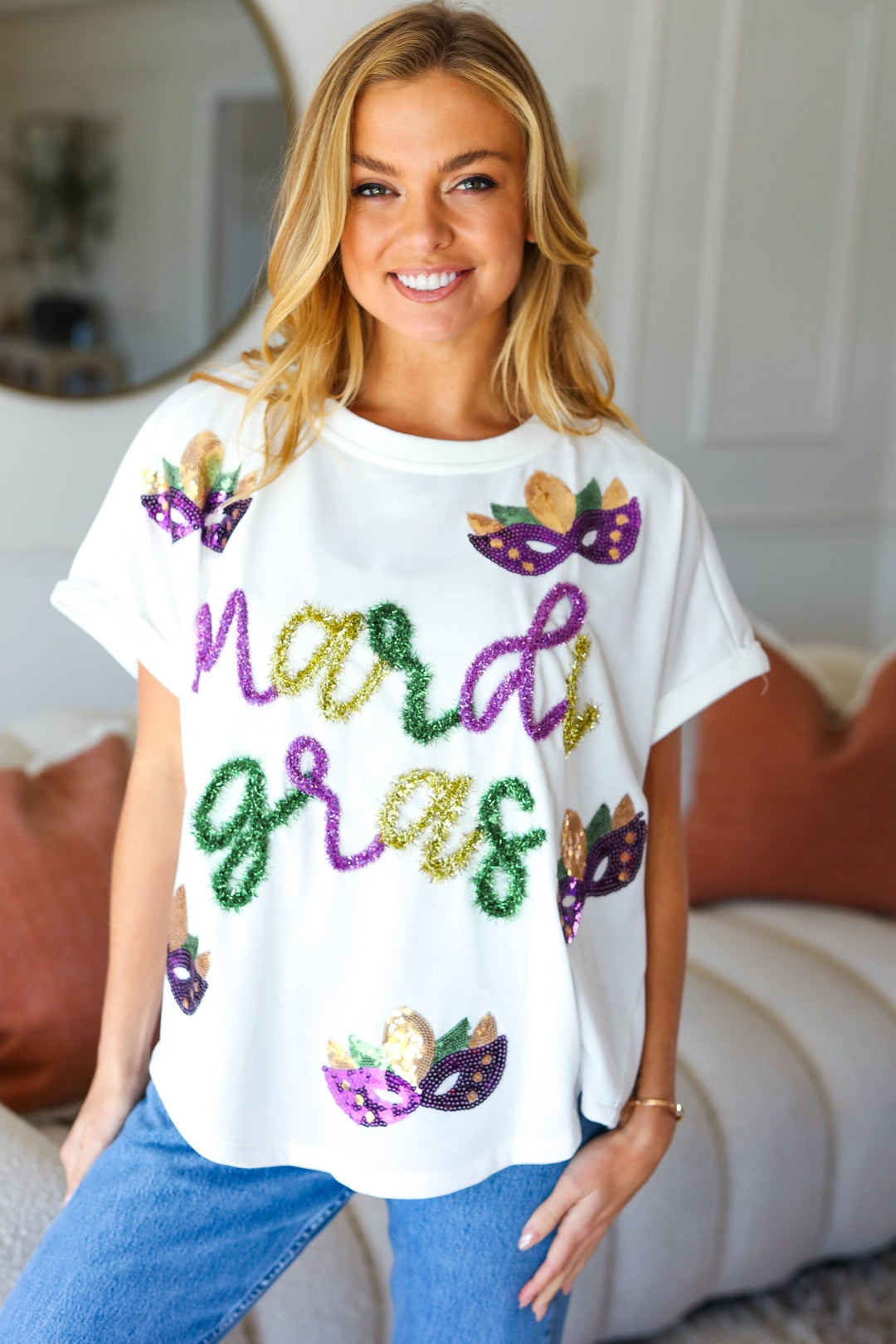 Mardi Gras Tinsel & Sequin Mask Top