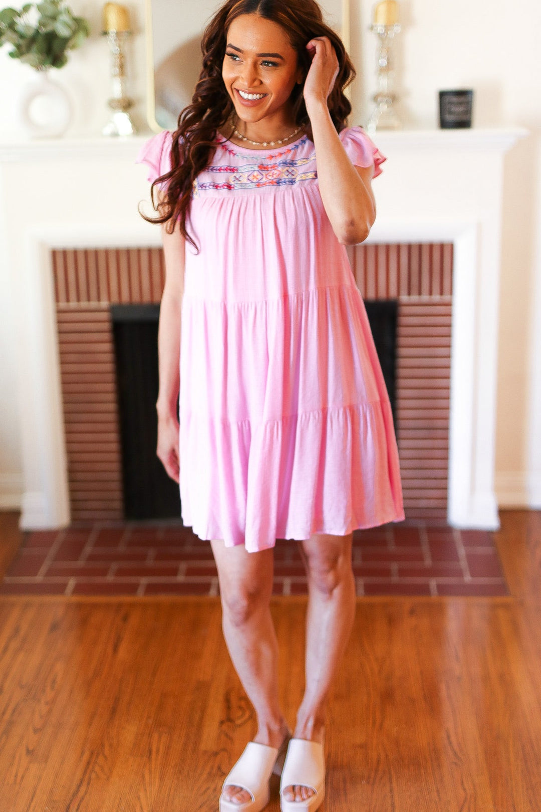 Baby Pink Embroidered Tiered Lined Dress