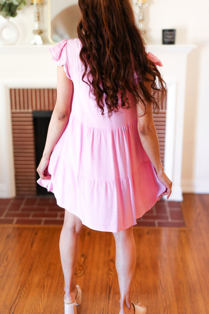 Baby Pink Embroidered Tiered Lined Dress