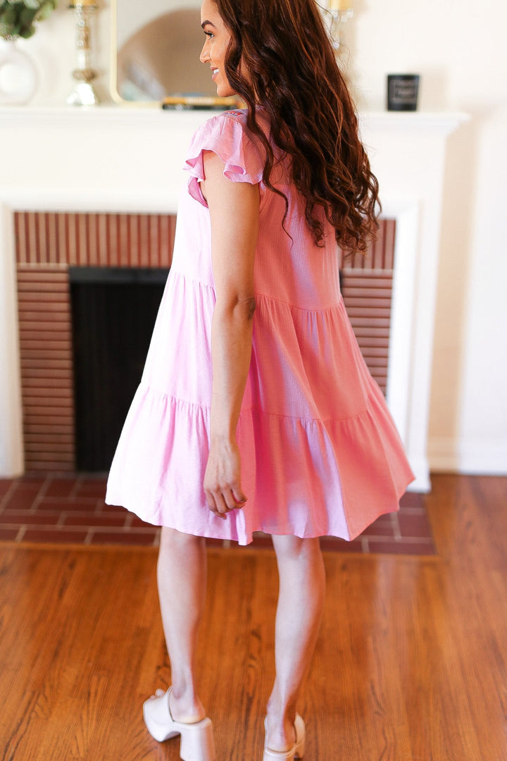 Baby Pink Embroidered Tiered Lined Dress