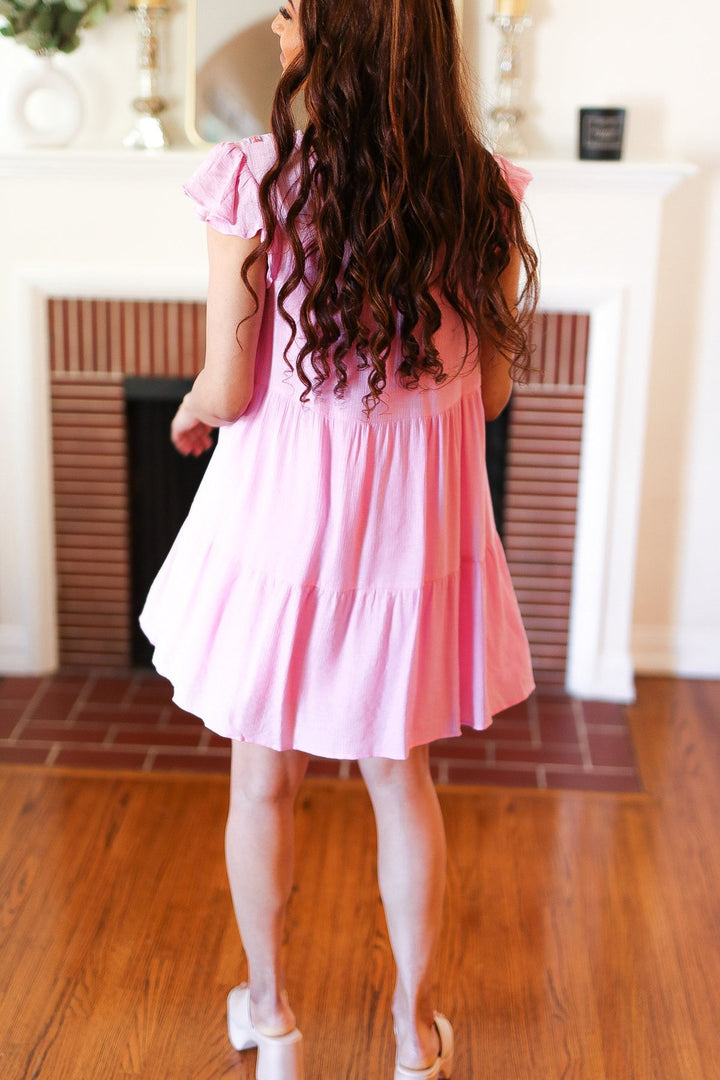 Baby Pink Embroidered Tiered Lined Dress