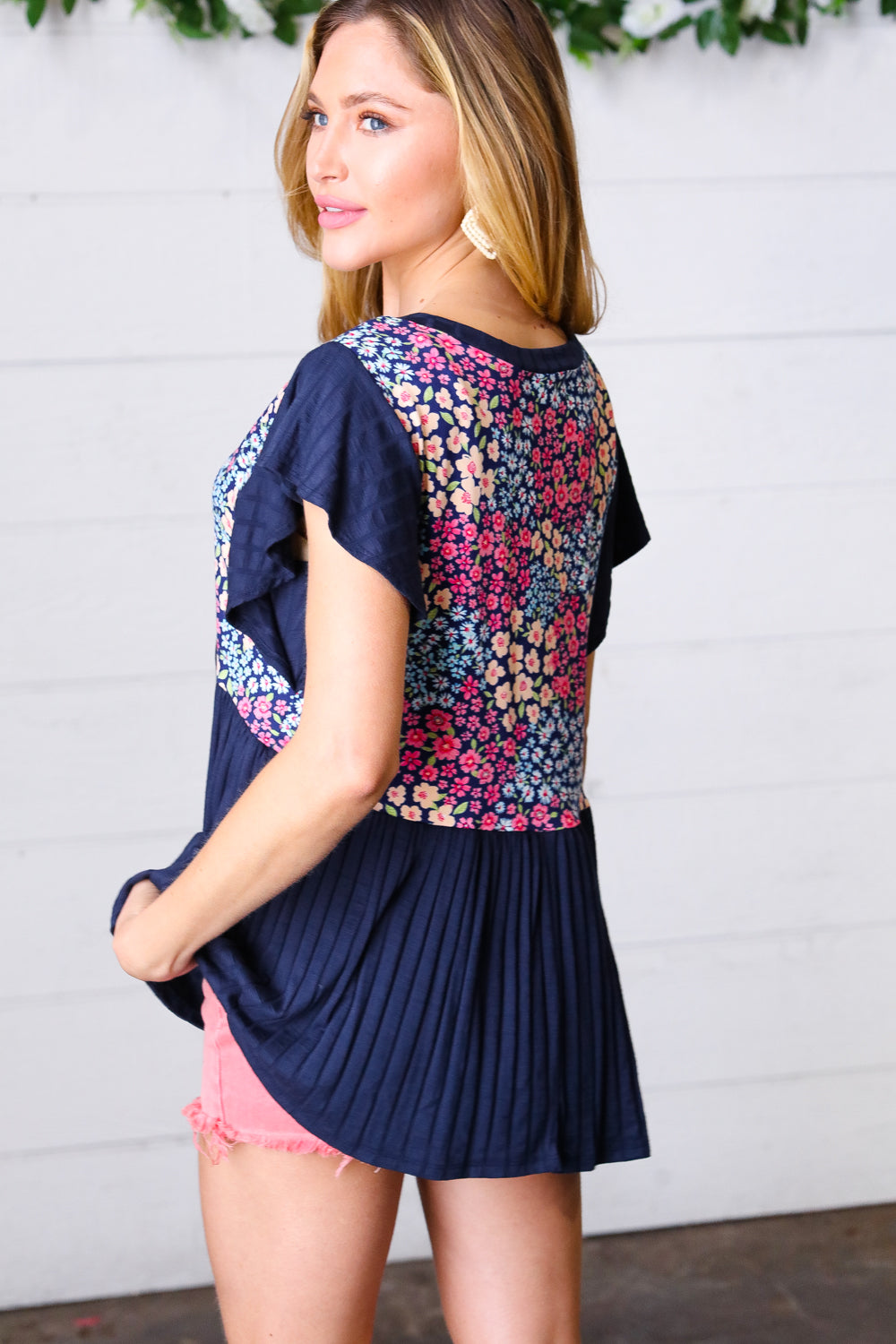 Navy Floral Yoke Babydoll Rib Flutter Sleeve Top