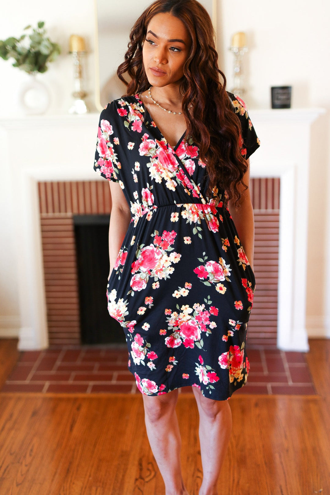 Black & Pink Floral Surplice V Neck Pocketed Dress