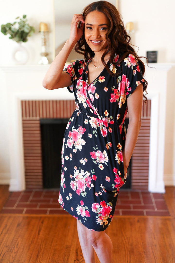 Black & Pink Floral Surplice V Neck Pocketed Dress