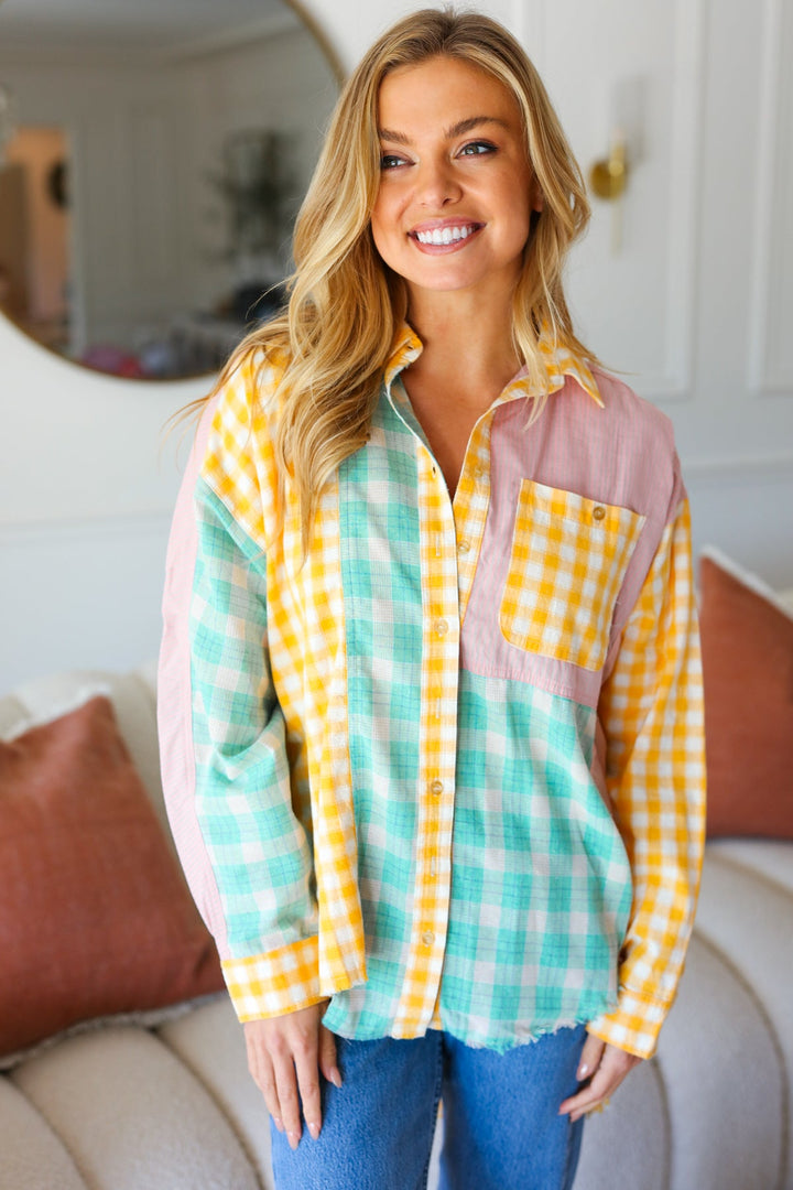 You've Got This Mint & Yellow Cotton Plaid Hi-Lo Button Down Shirt